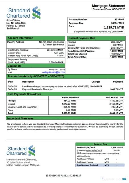 Download Malaysia Standard Chartered Malaysia mortgage statement Word and PDF template Photoshop template